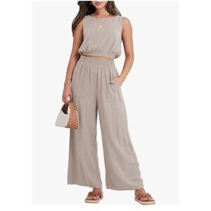 Anrabess Womens 2 Pc Crop Top & Wide Leg Pants Linen Outfit Set Size M Casual